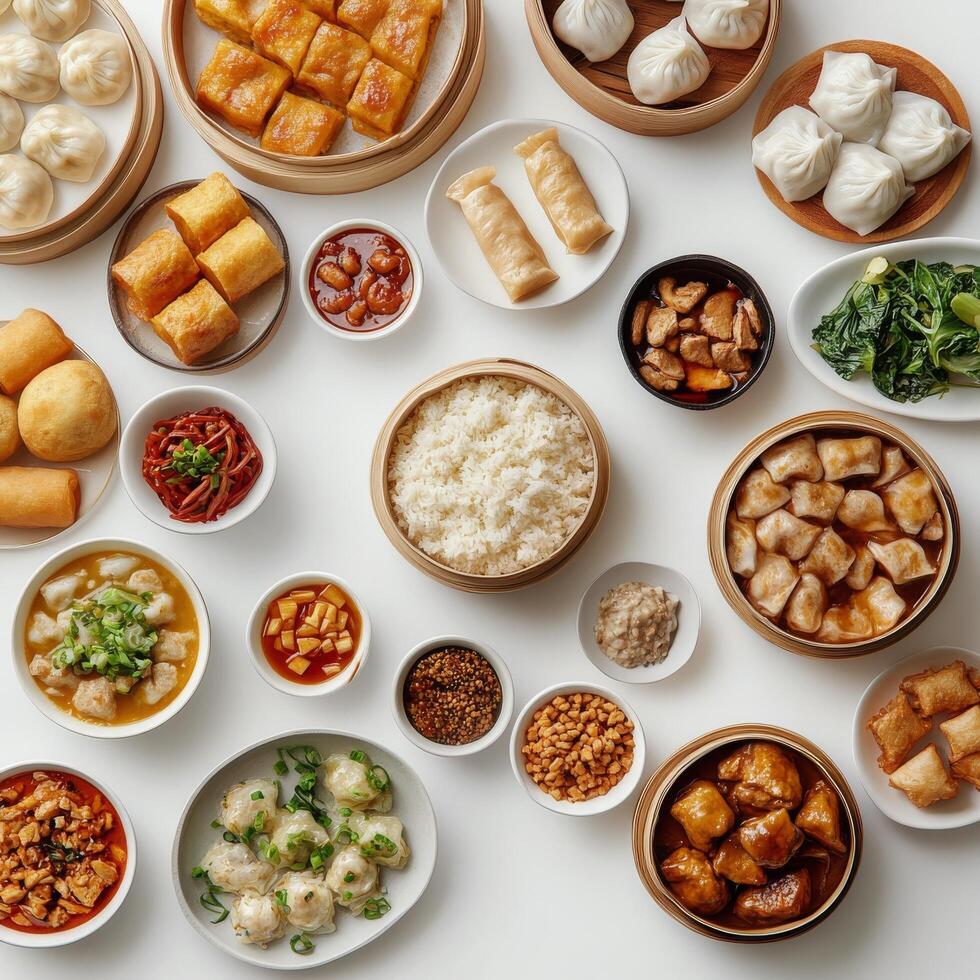 Variety of dim sum dishes arranged beautifully on a table for a delightful dining experience photo