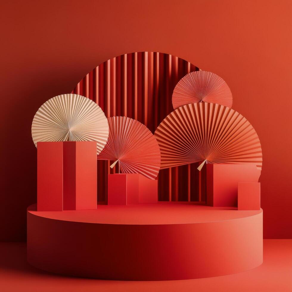 Artistic display with red background and decorative fans in a modern setting photo
