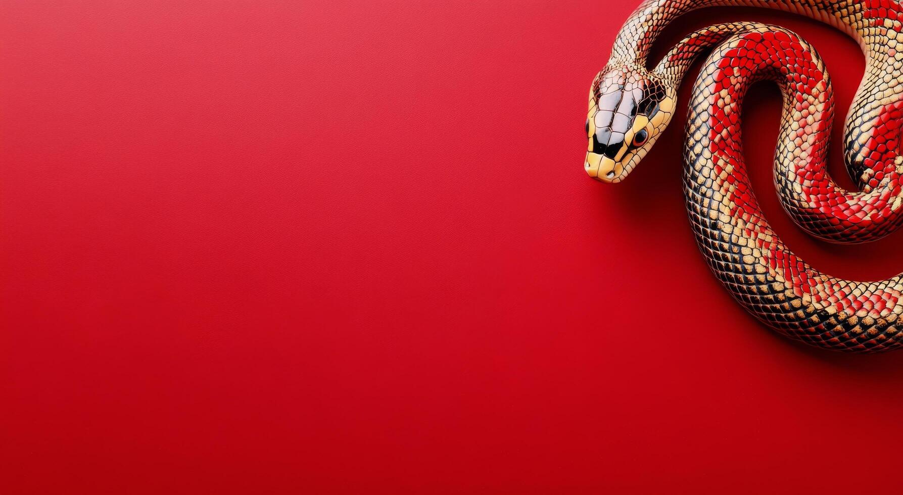 Colorful snake curled on a vivid red background creating a striking visual effect photo