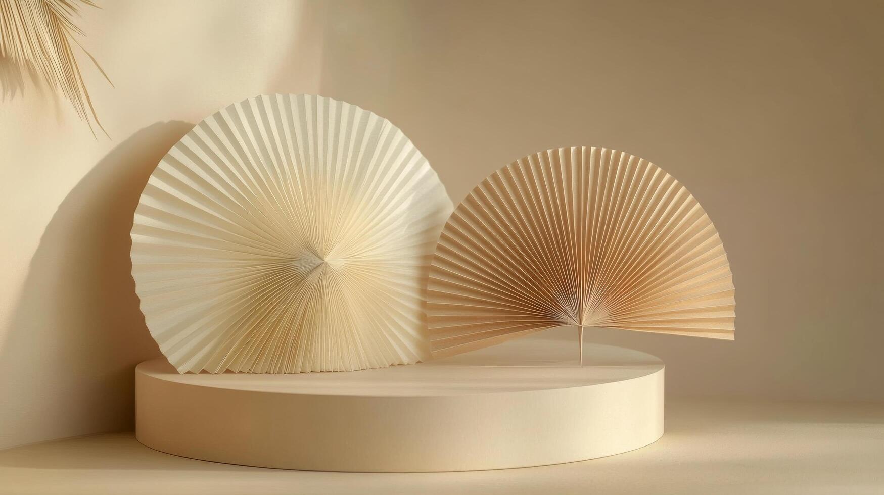 Elegant arrangement of three paper fans displayed on a round pedestal with a neutral background photo