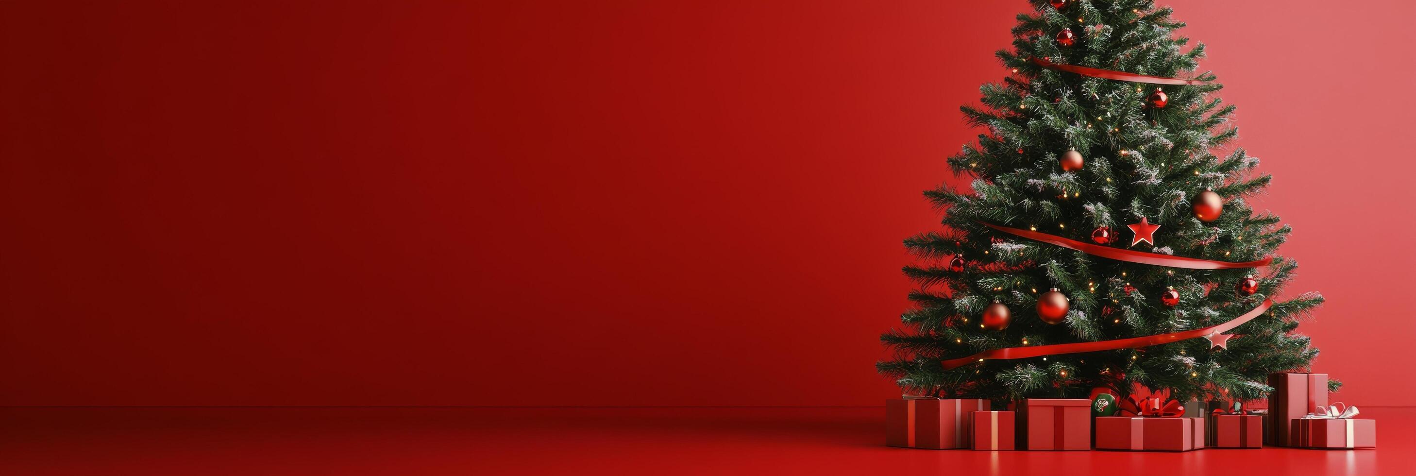 Festively decorated Christmas tree in a cozy indoor setting with a vibrant red backdrop photo