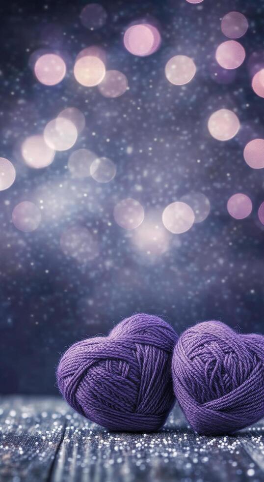 Purple yarn balls create a charming display against a soft bokeh background in evening light photo