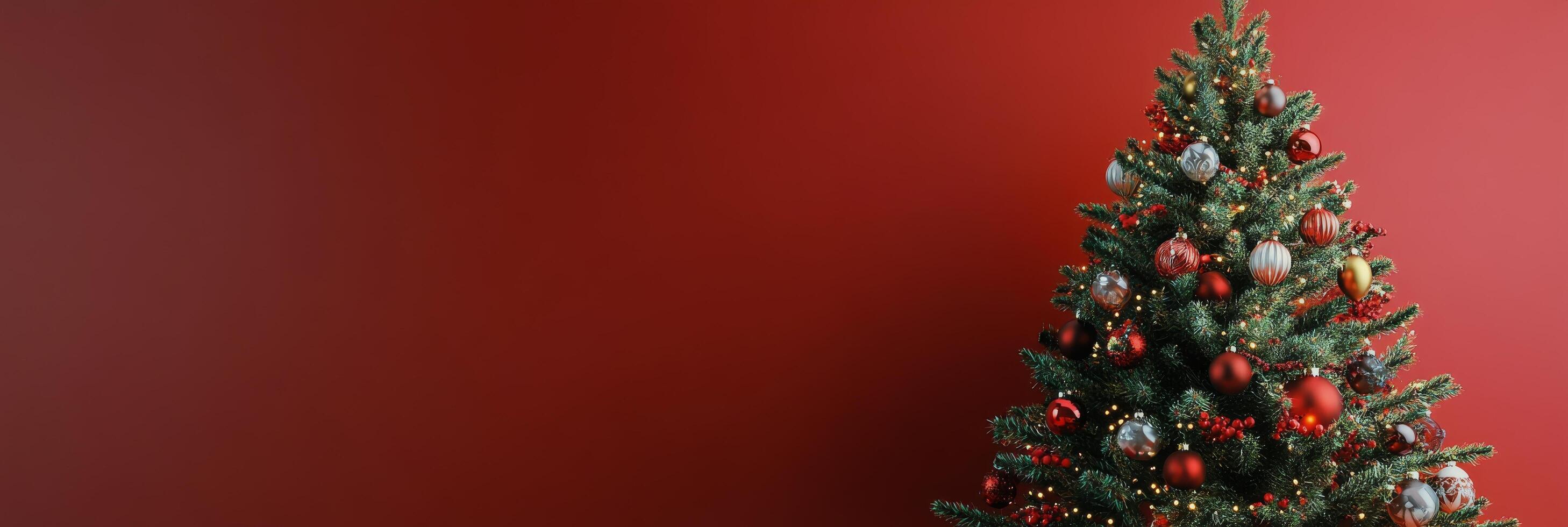 Festively decorated Christmas tree in a cozy indoor setting with a vibrant red backdrop photo