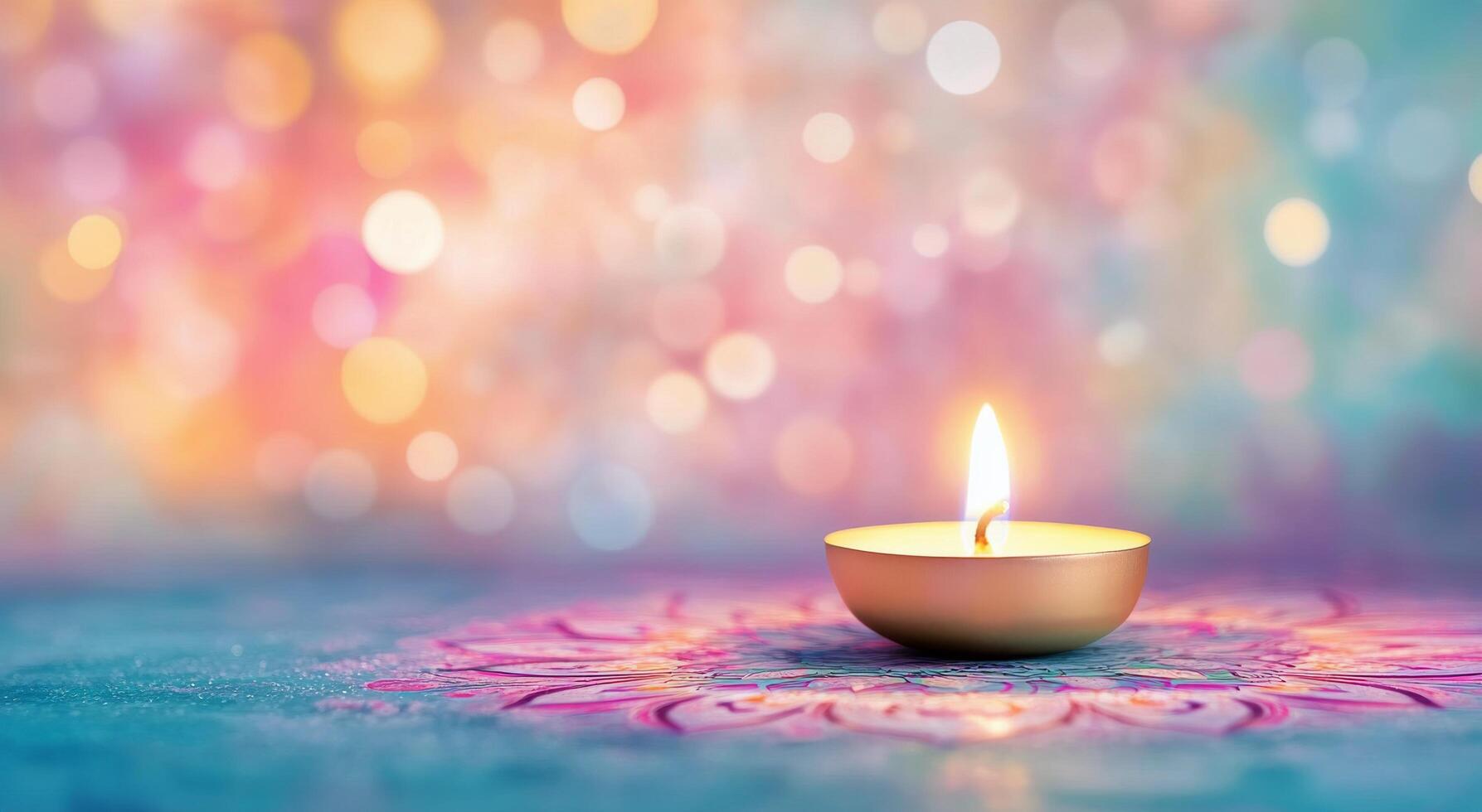 Candlelight shines softly on intricate mandala design during festive celebration photo