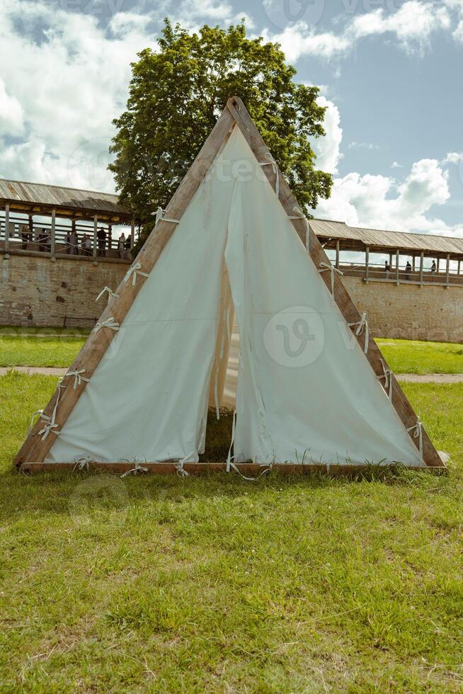 A triangular tent stands on green grass with a tree nearby photo