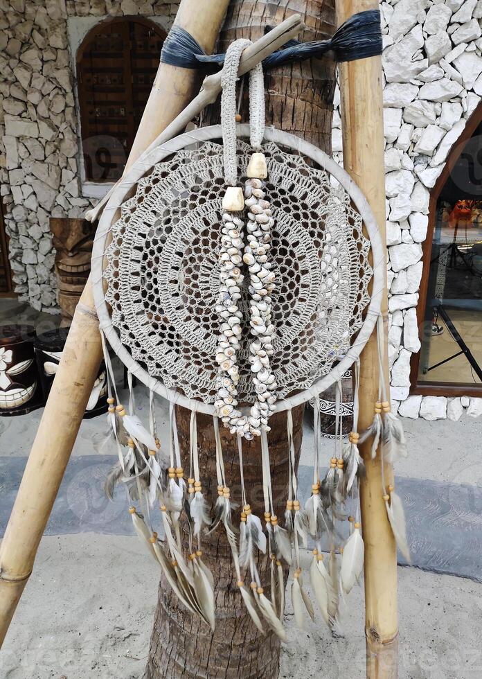 Dreamcatcher hanging from a tree with a necklace made of snail shells photo