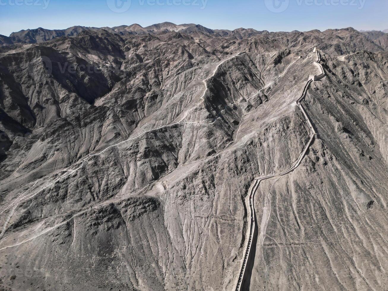 Aerial view of The Overhanging Great Wall, also recognized as the Xuanbi Great Wall, Jiayugyan city, Gansu , China photo