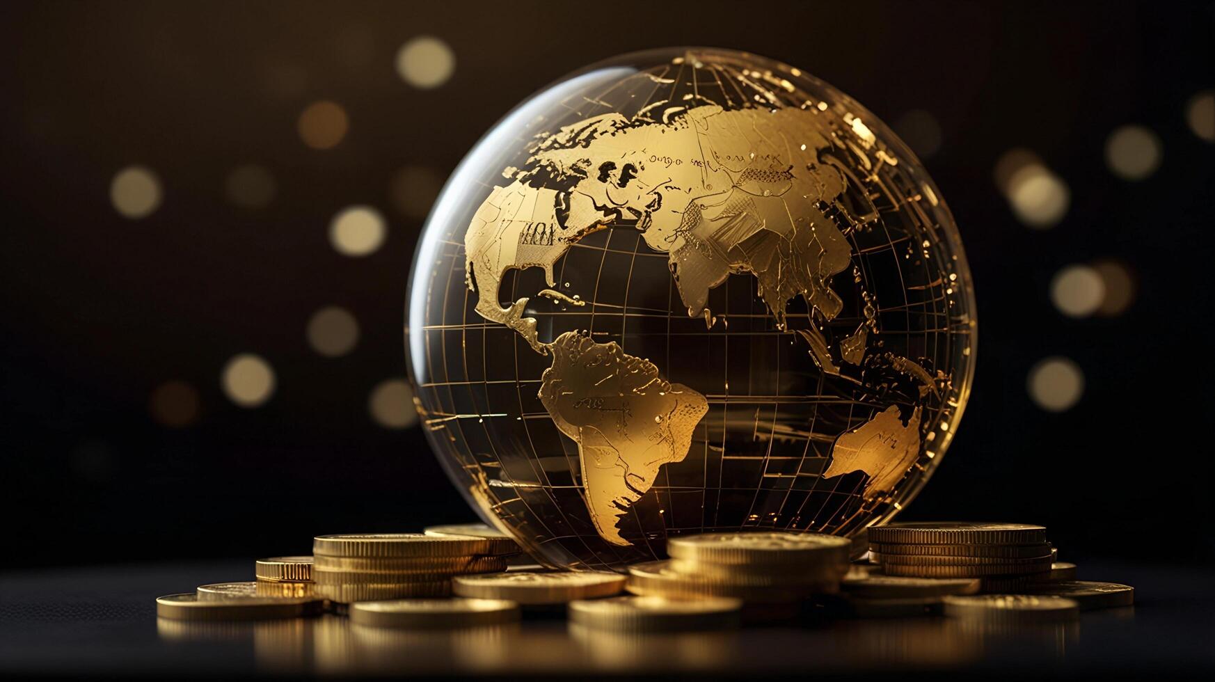Golden globe on coins and gold lights on black background photo