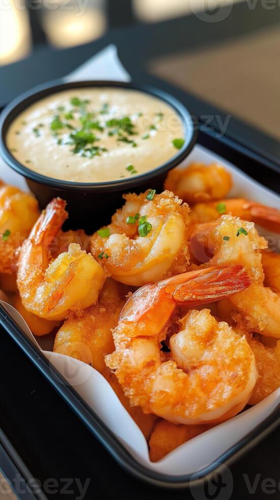 Breaded shrimps with tartar sauce garnished with chives, served in a black tray photo