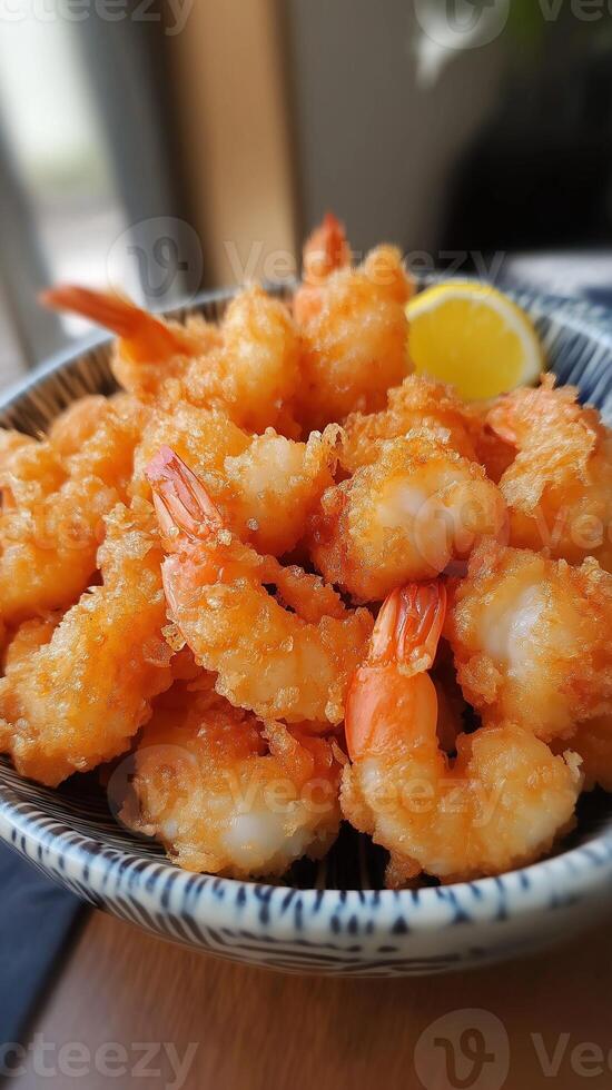 Crispy fried shrimps with lemon slice in a bowl photo