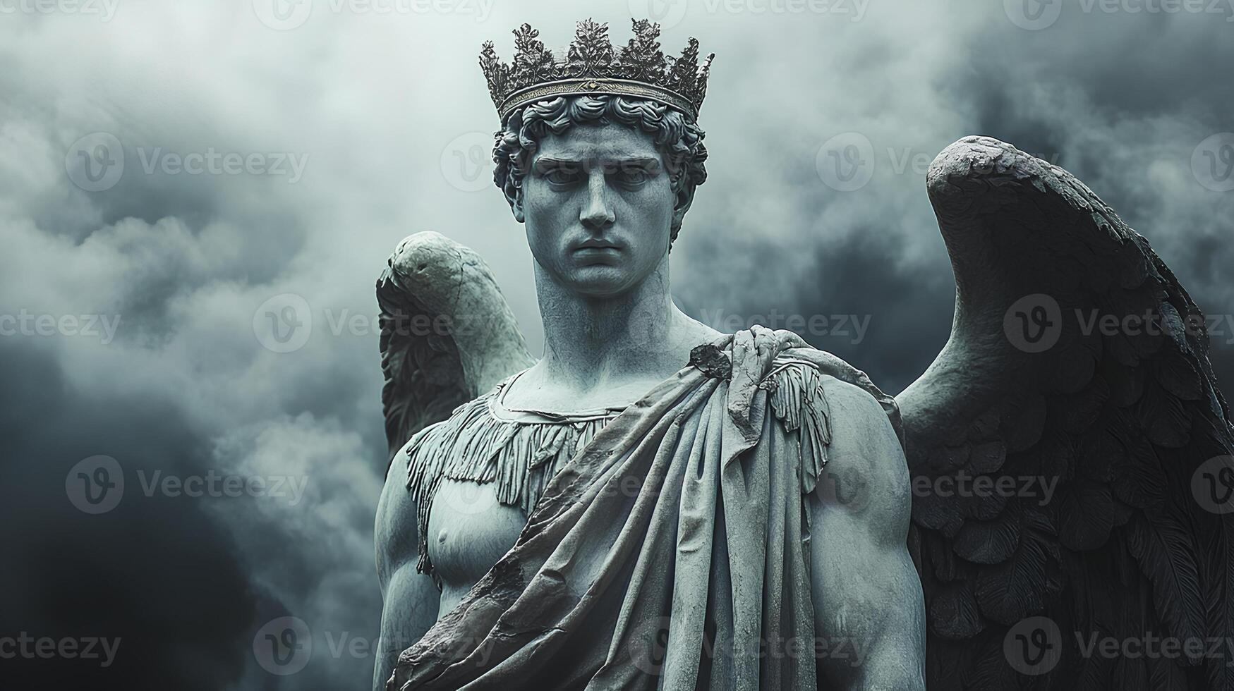 Ancient Greek statue of a roman emperor with crown and wings on moody background. Spartan warrior isolated on background with smoke photo