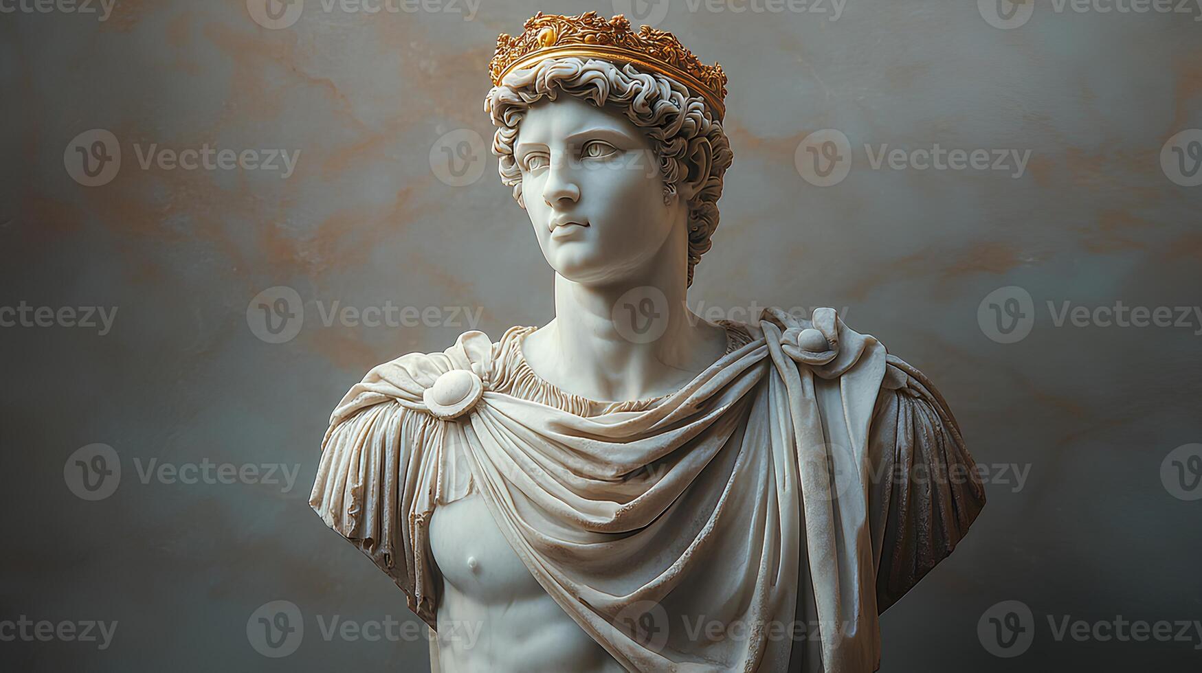 Ancient Greek bust in marble of roman emperor with golden crown on his head. Roman Empire architecture in Ancient Greek style. Marble bust of handsome man. Greek God. Greek deity photo