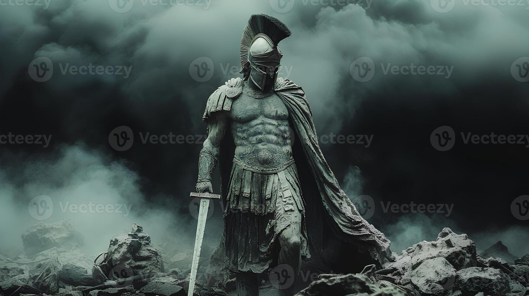Ancient Greek statue of spartan warrior on moody background with fog. Ancient spartan warrior with wings and helmet during Roman Empire photo