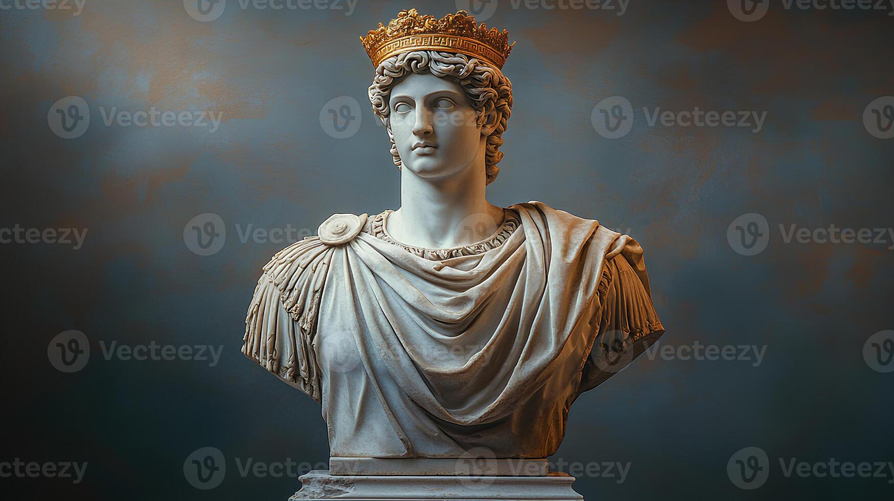 Ancient Greek bust in marble of roman emperor with golden crown on his head. Roman Empire architecture in Ancient Greek style. Marble bust of handsome man. Greek God. Greek deity photo