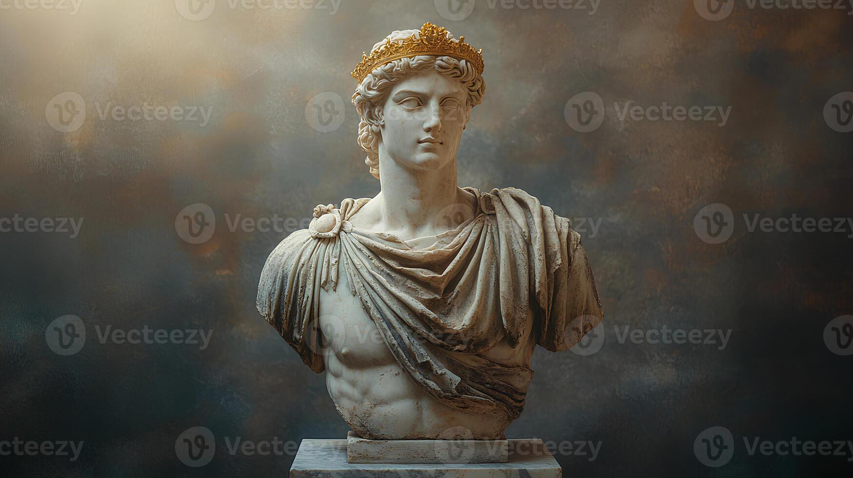 Ancient Greek bust in marble of roman emperor with golden crown on his head. Roman Empire architecture in Ancient Greek style. Marble bust of handsome man. Greek God. Greek deity photo