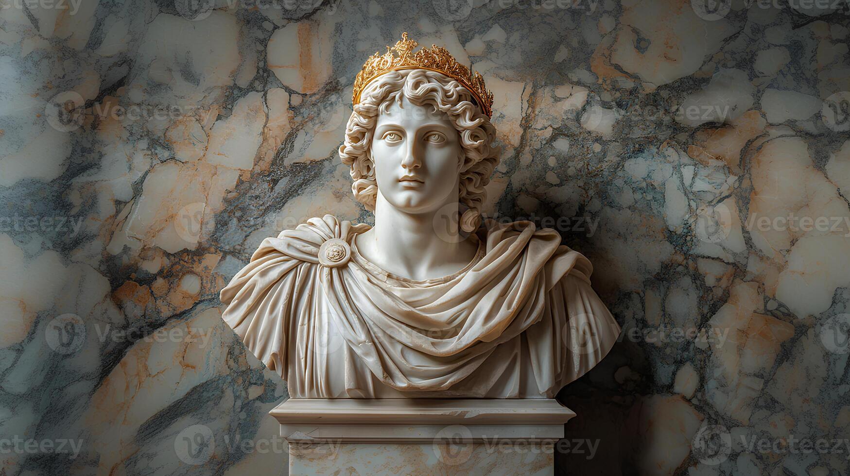 Ancient Greek bust in marble of roman emperor with golden crown on his head. Roman Empire architecture in Ancient Greek style. Marble bust of handsome man. Greek God. Greek deity photo