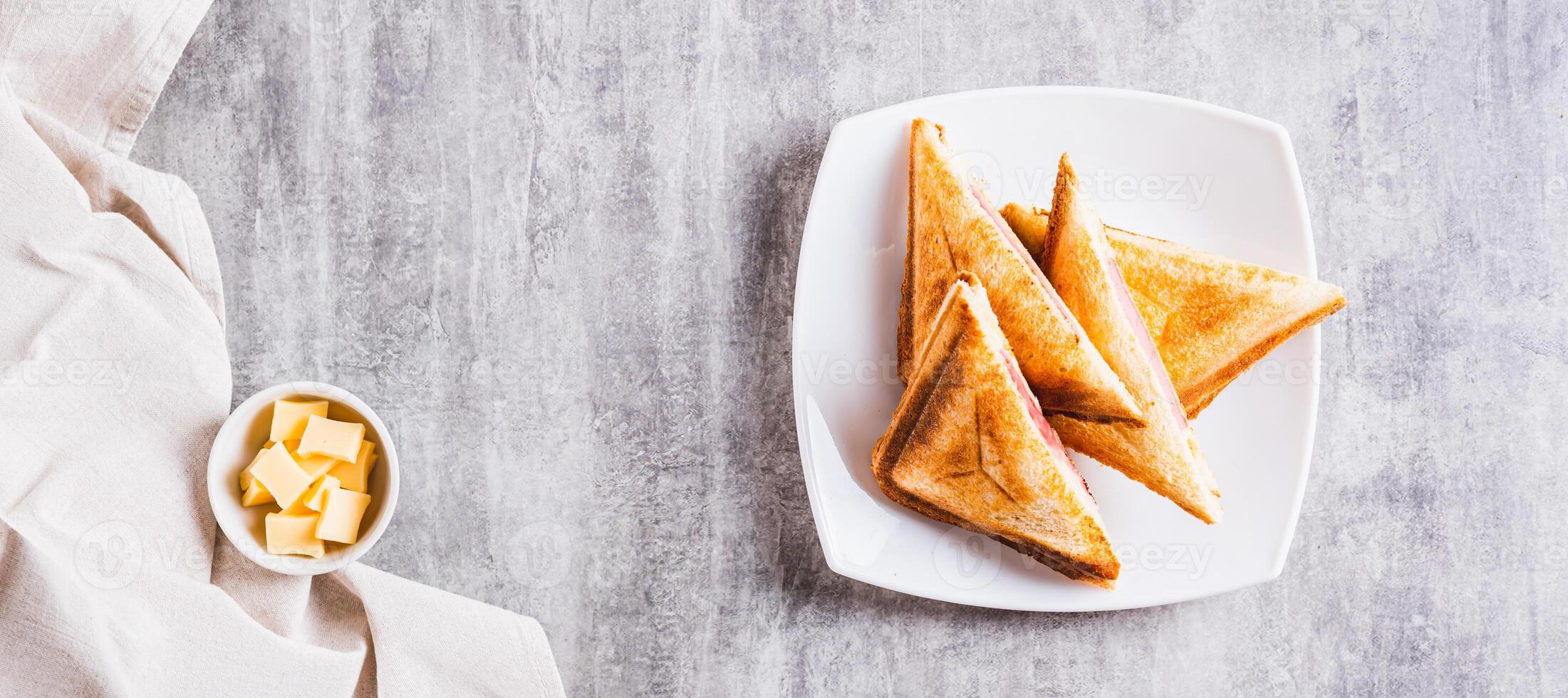 Toasted ham and cheese toasts on a plate on the table top view web banner photo