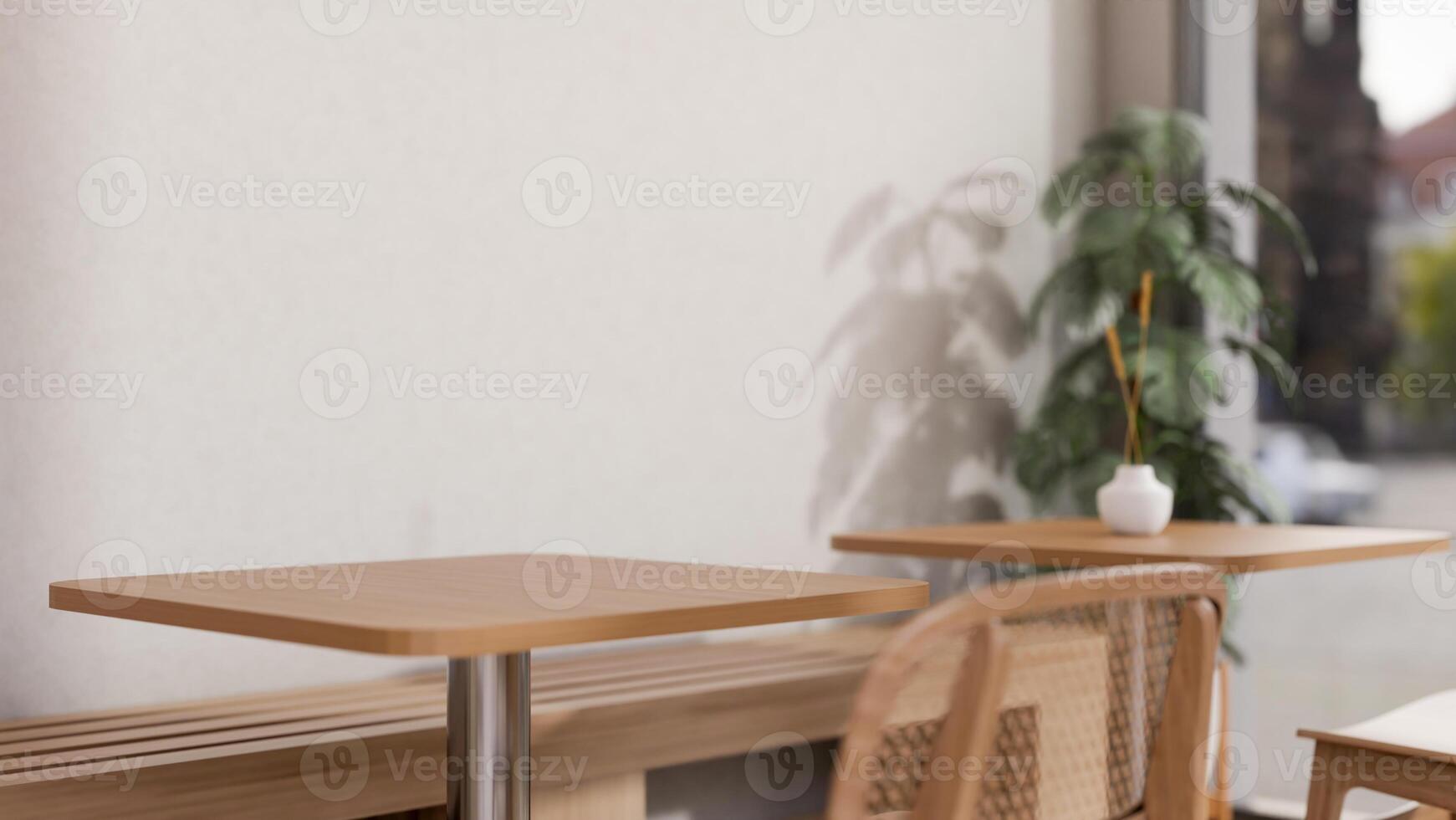 A space for displaying products on a wooden tabletop in a minimalist Japandi coffee shop. photo