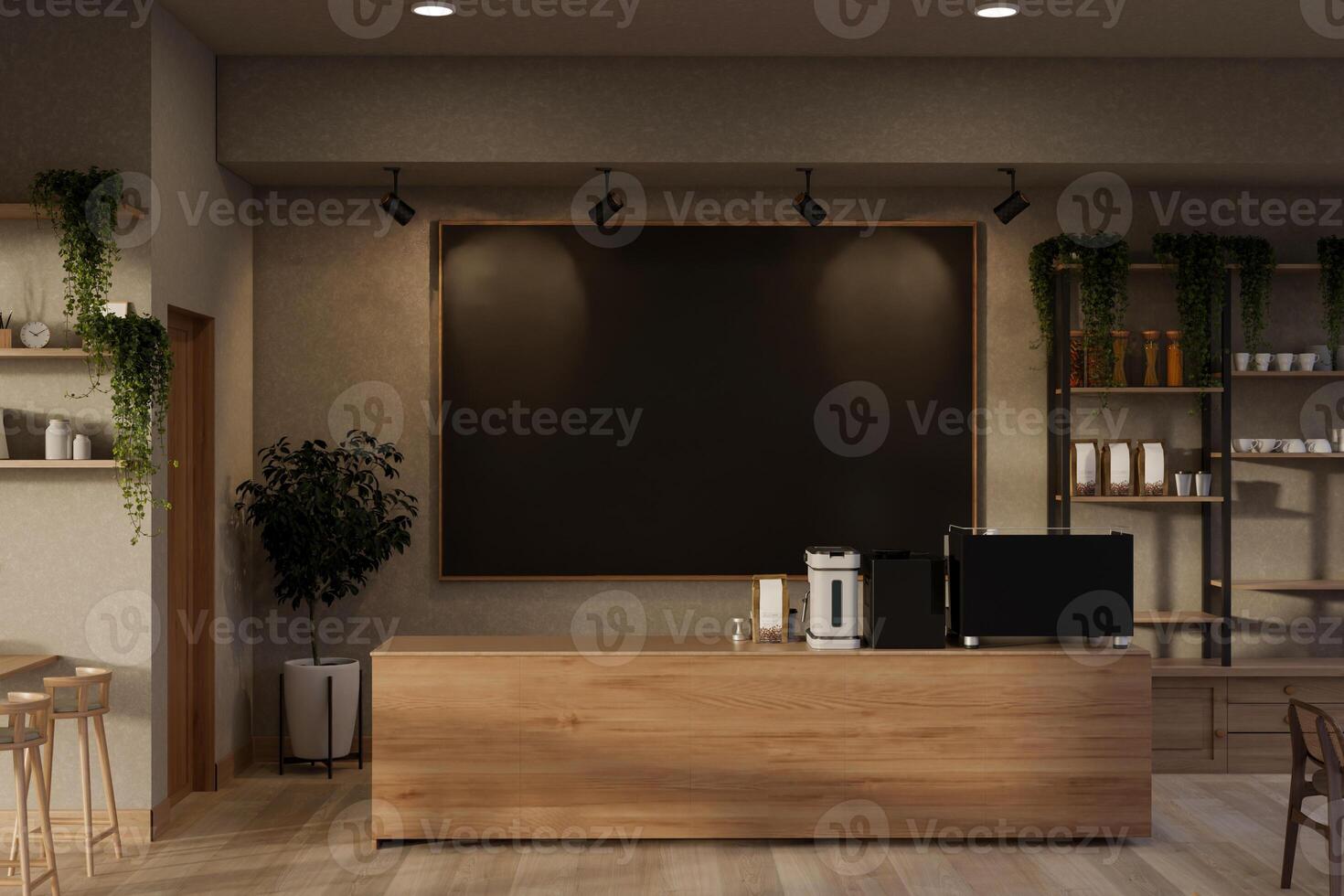 The interior of a contemporary, cozy coffee shop features a wooden counter with coffee machines. photo