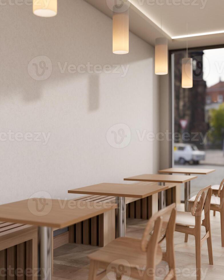 A minimalist and comfortable coffee shop features a row of minimalist wooden table and chair. photo