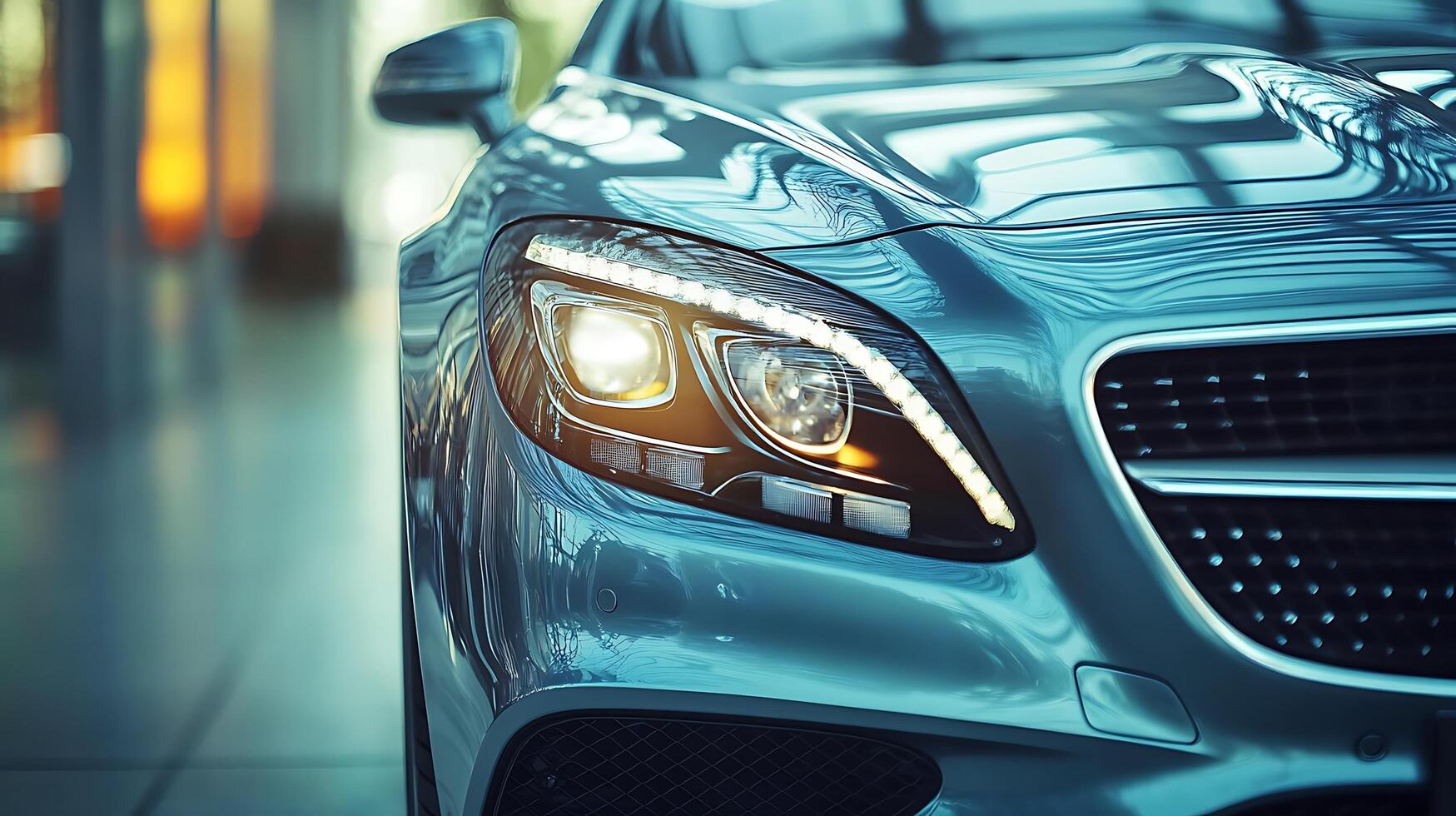 Detailed front view of a high-performance car headlight illuminating the road ahead photo
