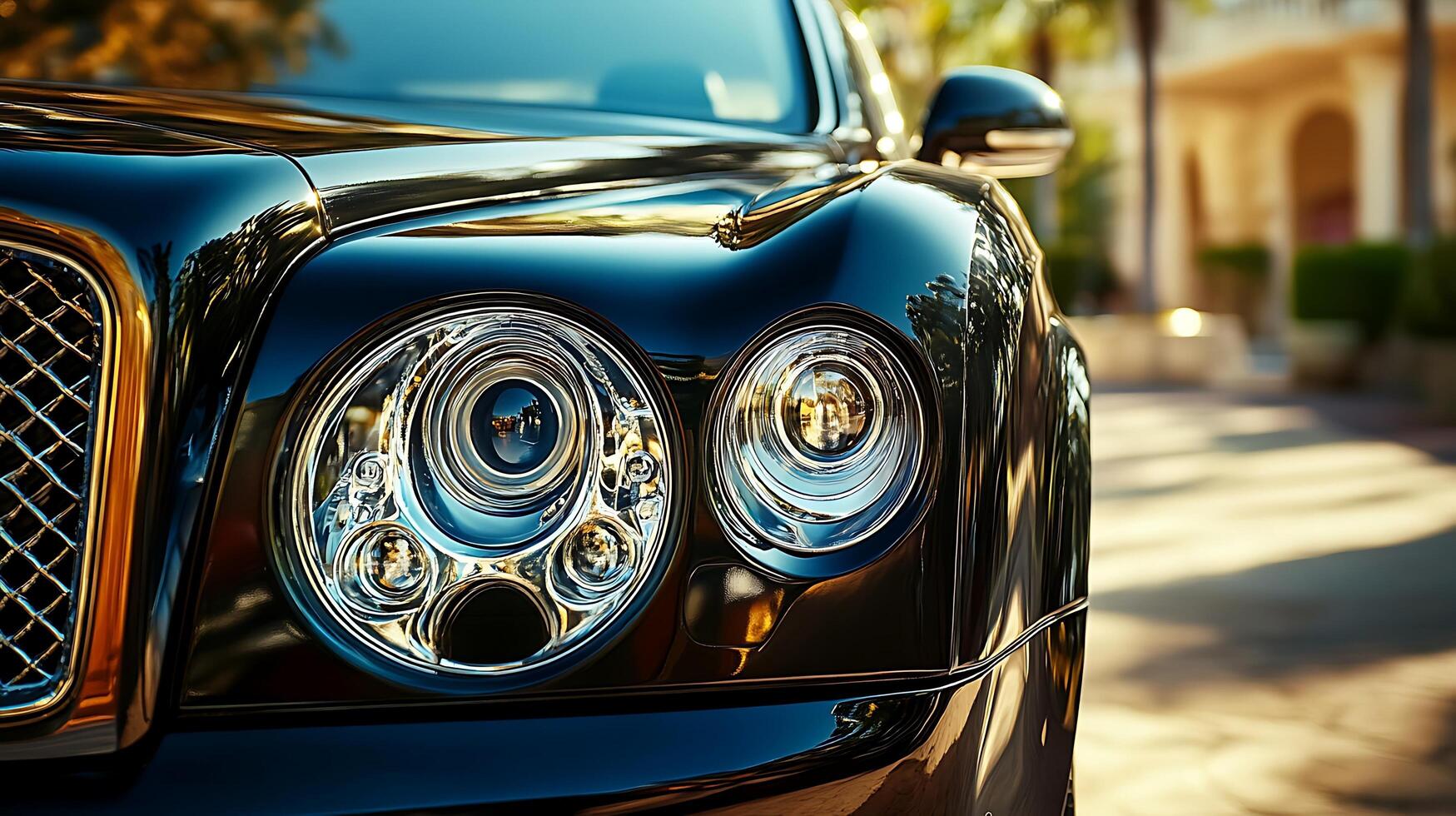 Detailed front view of a high-performance car headlight illuminating the road ahead photo