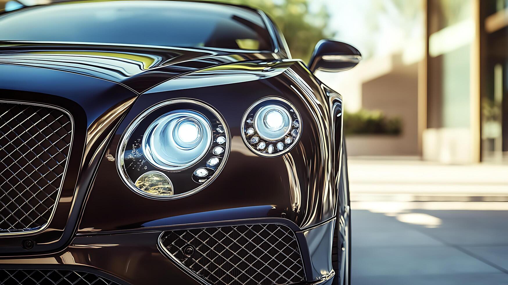 Detailed front view of a high-performance car headlight illuminating the road ahead photo