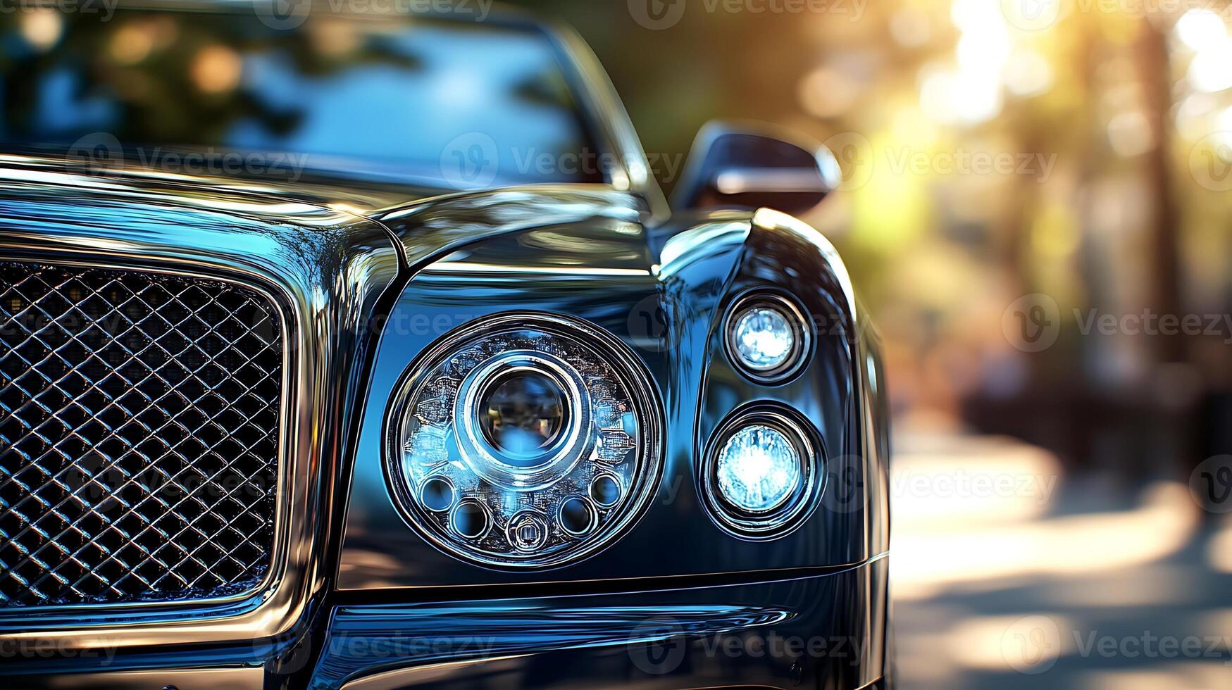 Front-facing angle of a car's LED headlight, gleaming with precision and style photo