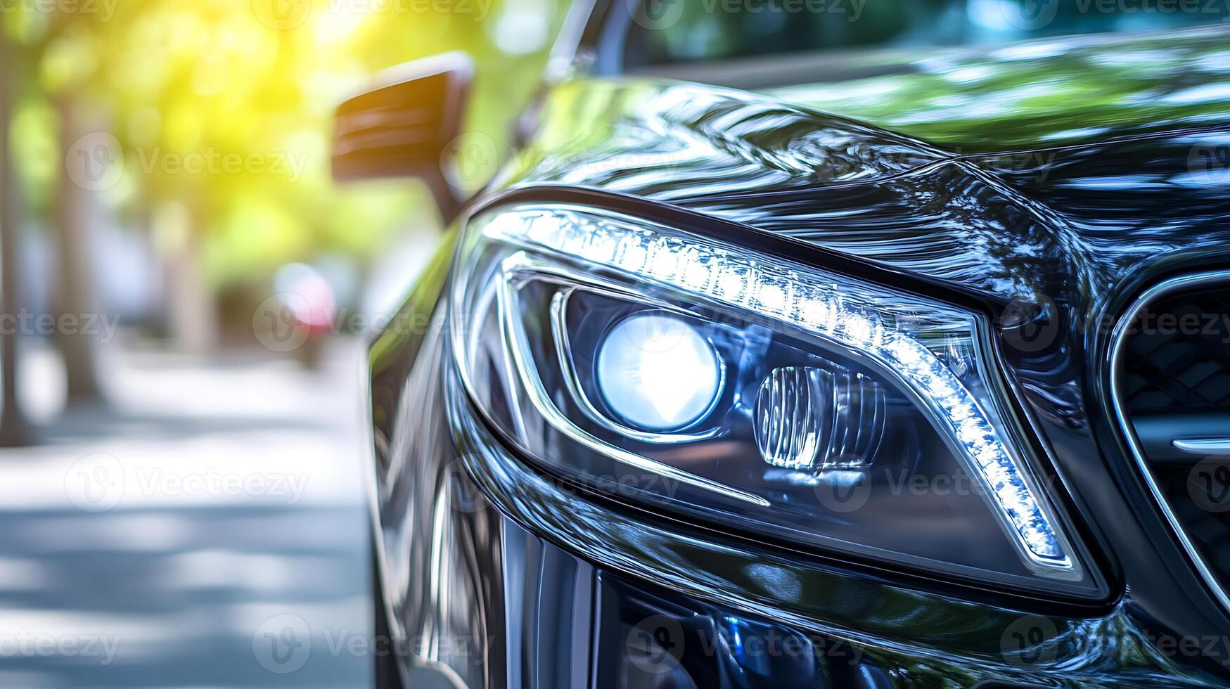 Front-facing angle of a car's LED headlight, gleaming with precision and style photo