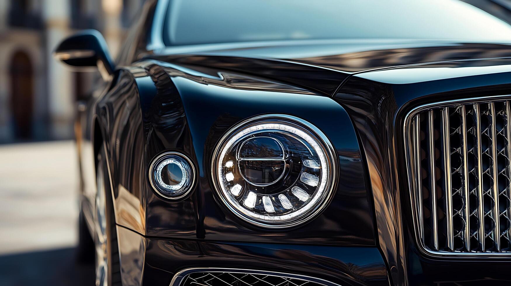 Detailed front view of a high-performance car headlight illuminating the road ahead photo