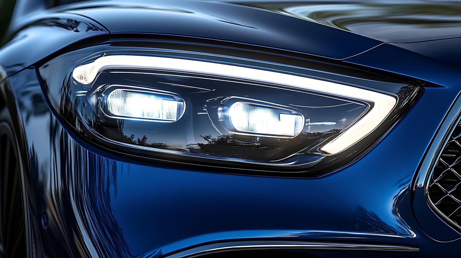 Detailed front view of a high-performance car headlight illuminating the road ahead photo