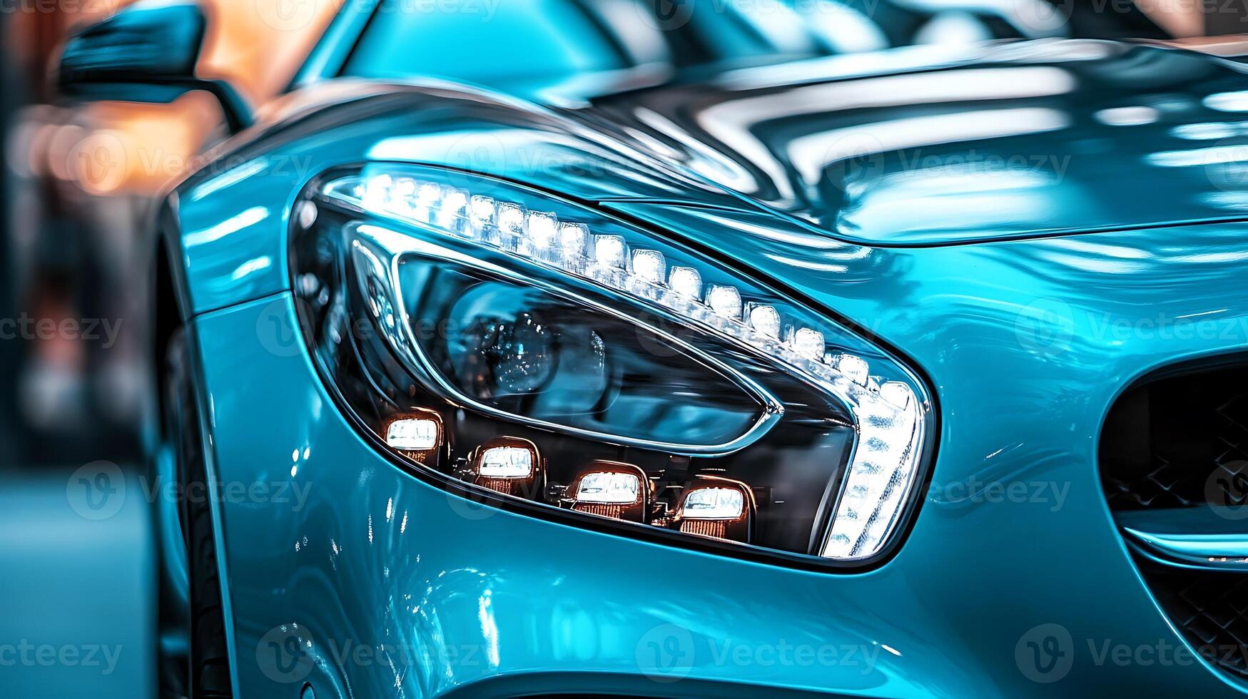 Front-facing angle of a car's LED headlight, gleaming with precision and style photo