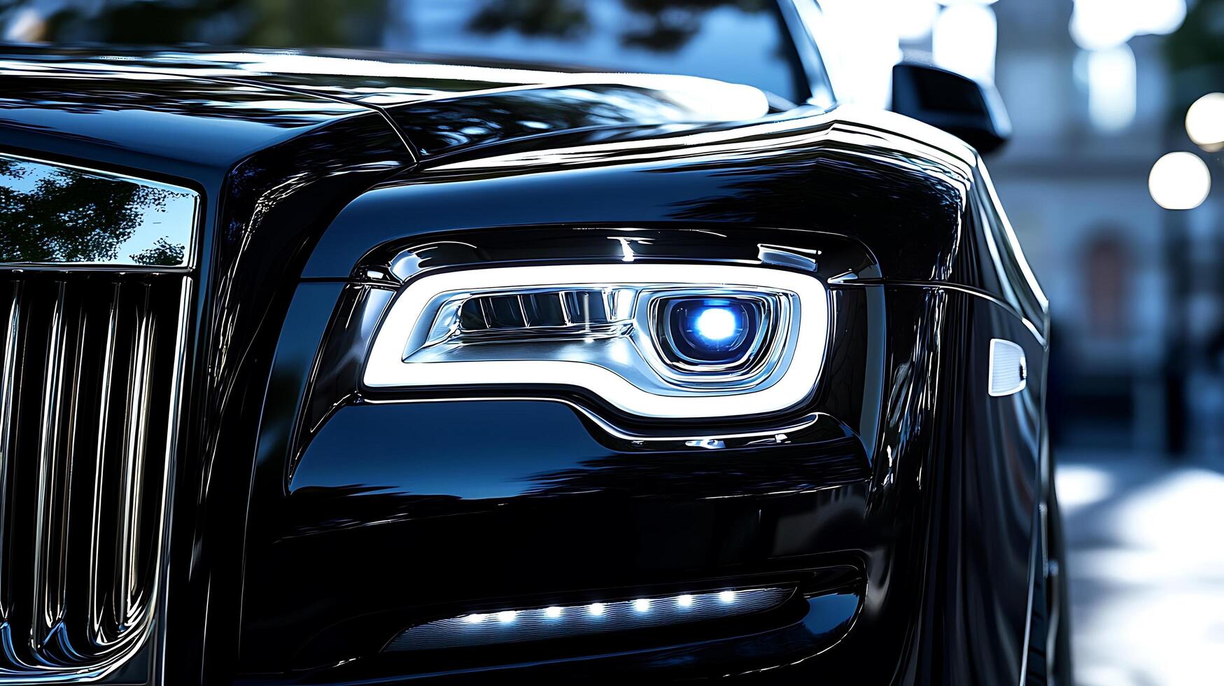 Detailed front view of a high-performance car headlight illuminating the road ahead photo