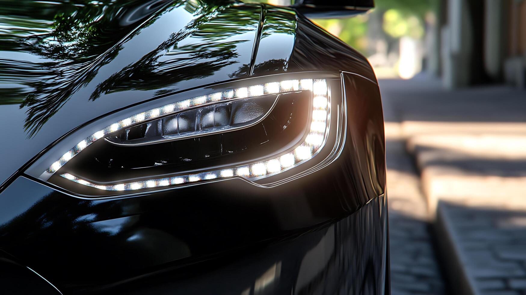 Detailed front view of a high-performance car headlight illuminating the road ahead photo