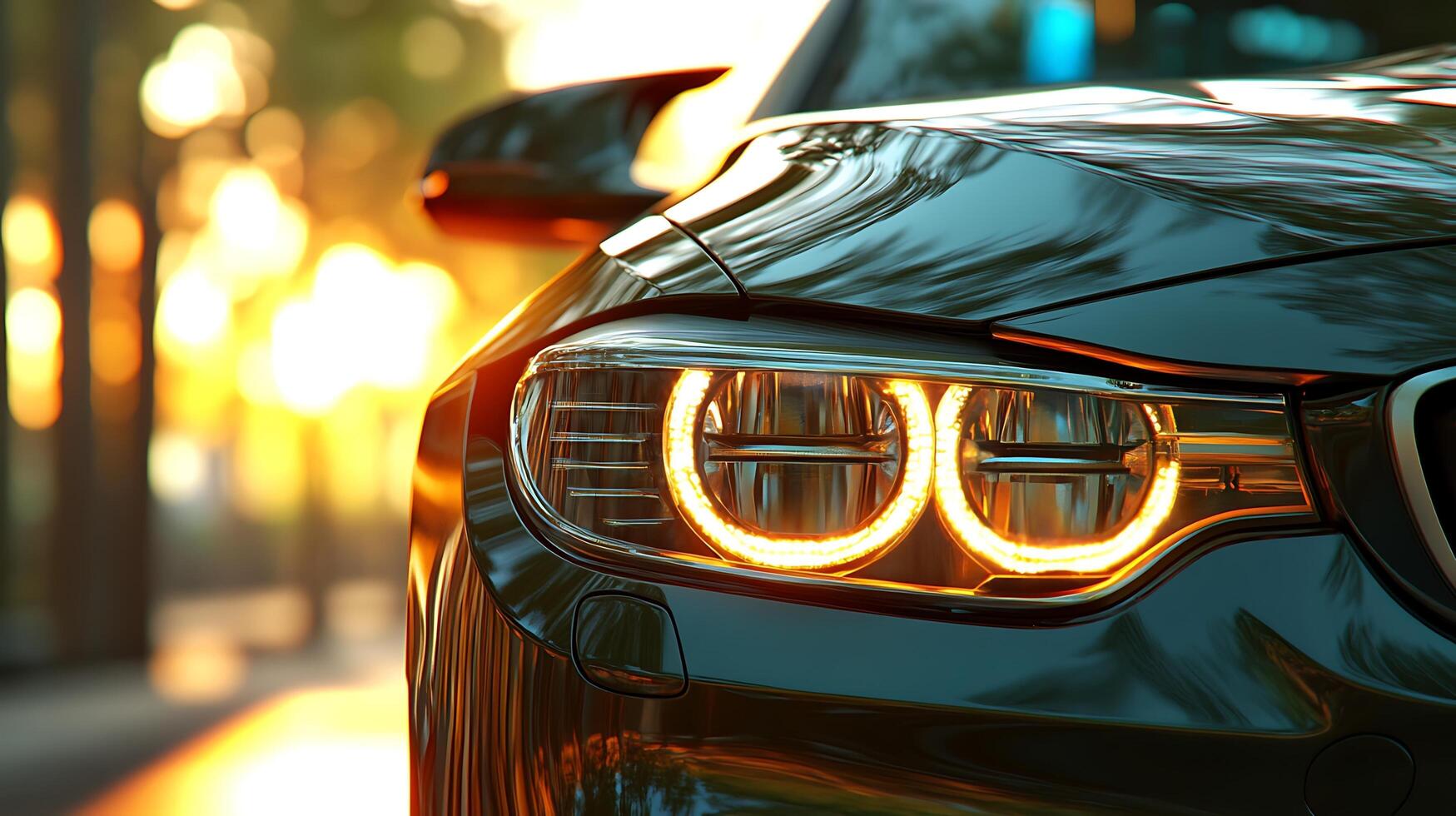 Detailed front view of a high-performance car headlight illuminating the road ahead photo