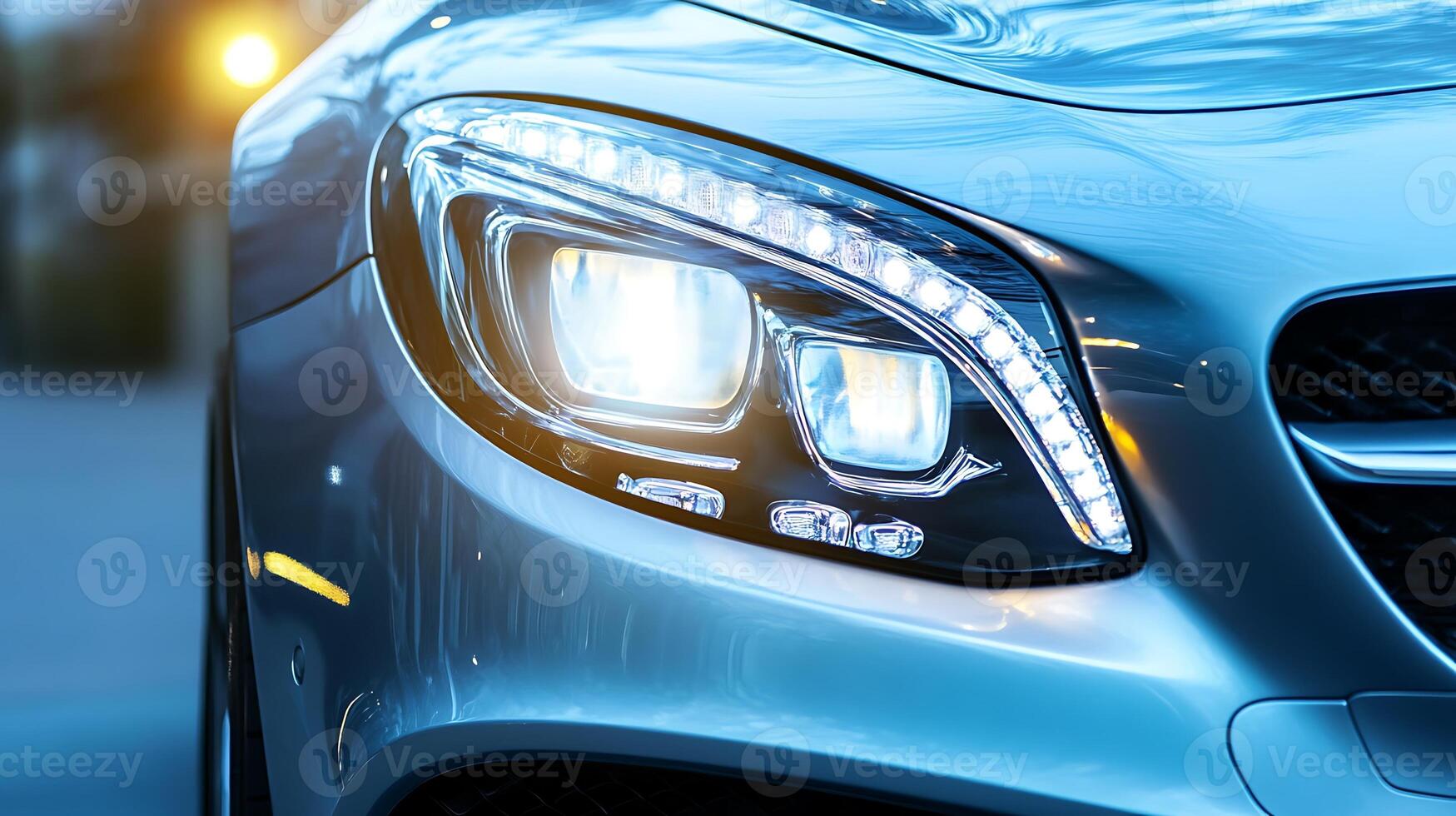 Front-facing angle of a car's LED headlight, gleaming with precision and style photo