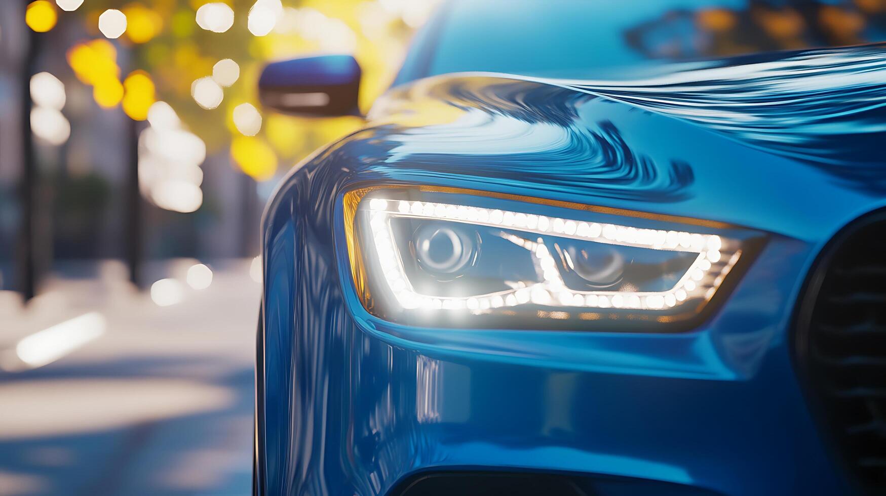 Detailed front view of a high-performance car headlight illuminating the road ahead photo
