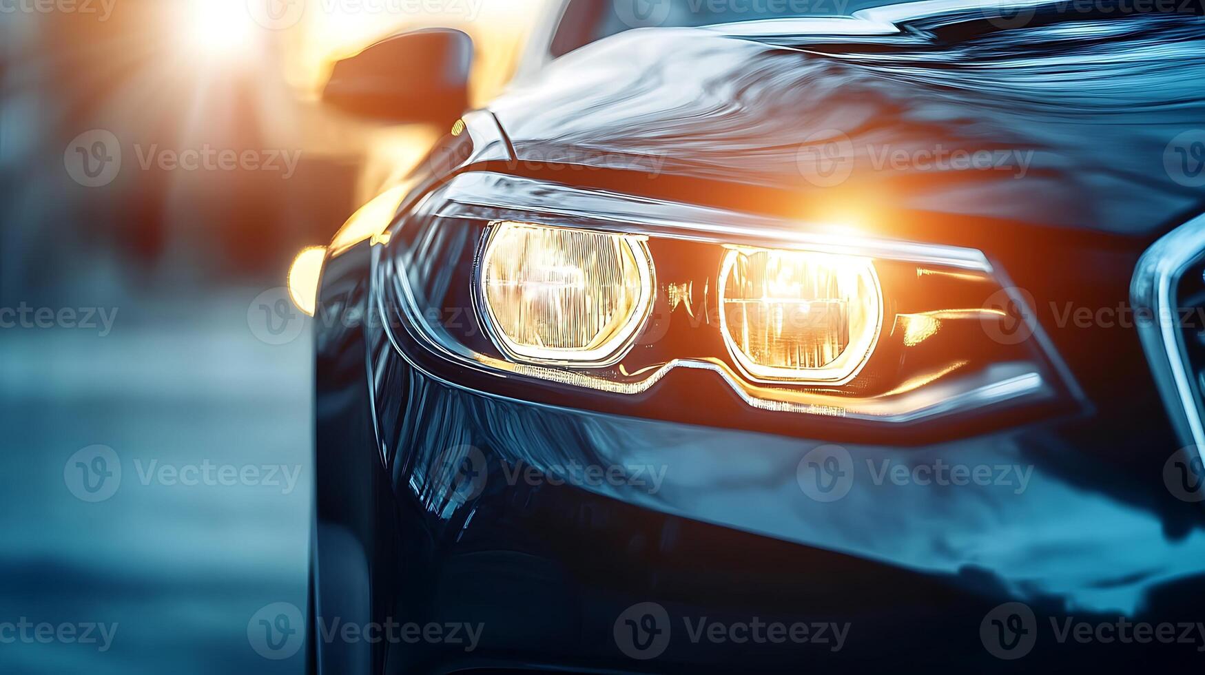 Front-facing angle of a car's LED headlight, gleaming with precision and style photo