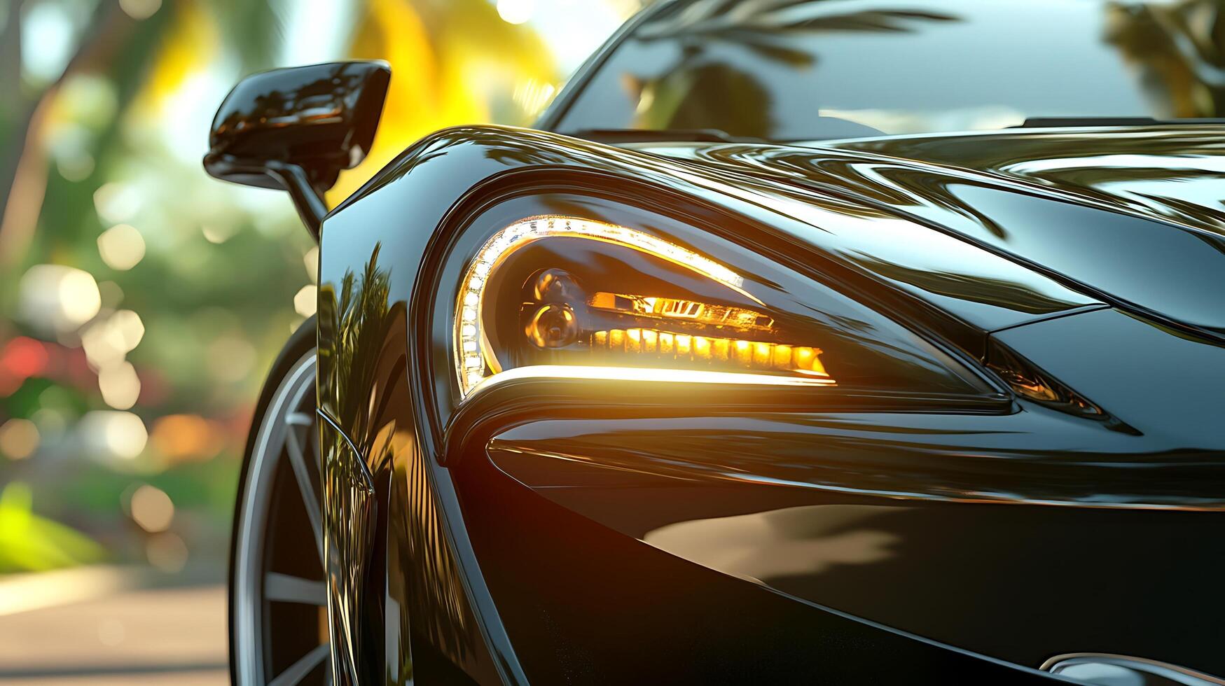 Detailed front view of a high-performance car headlight illuminating the road ahead photo