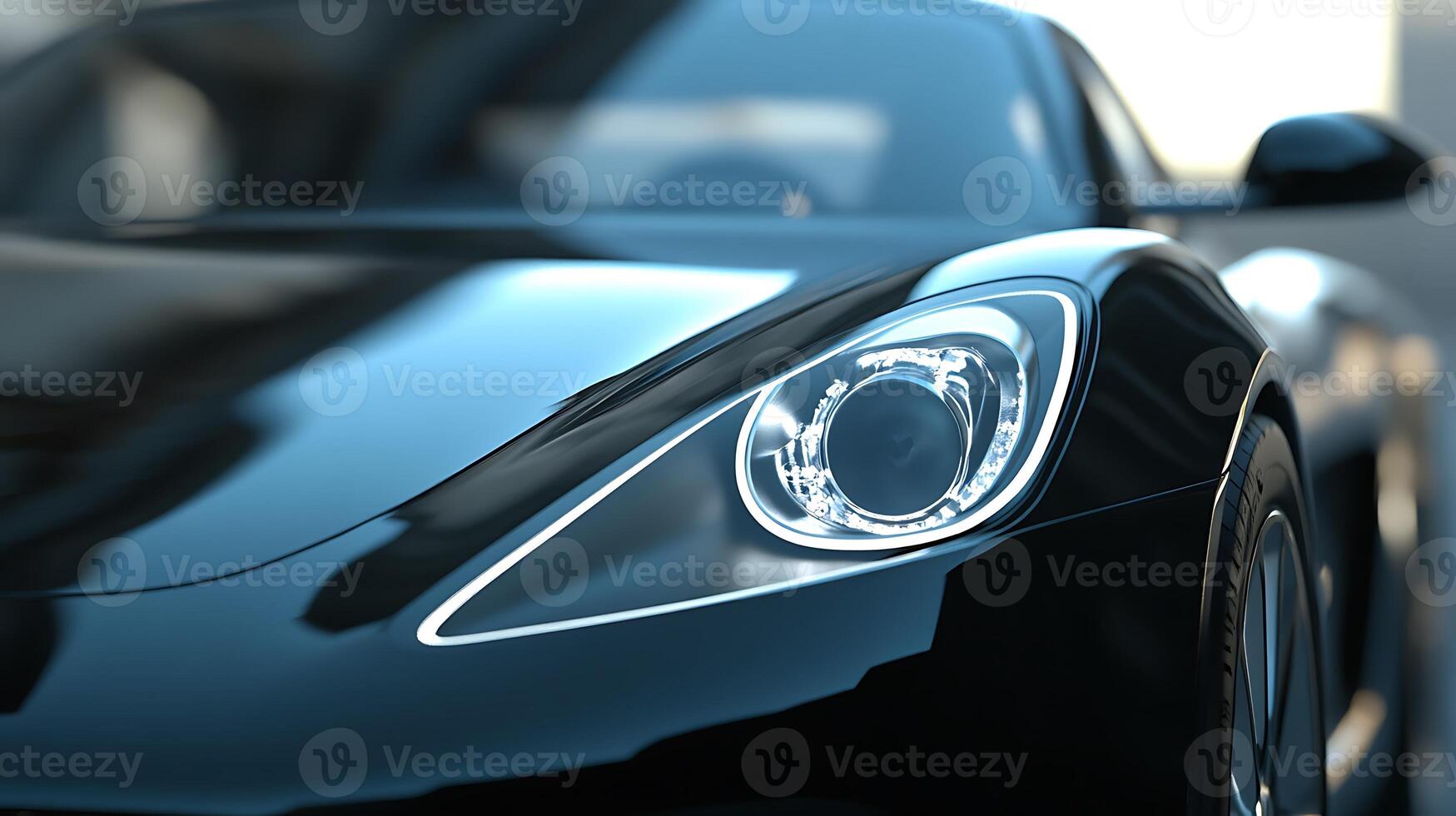 Front-facing angle of a car's LED headlight, gleaming with precision and style photo