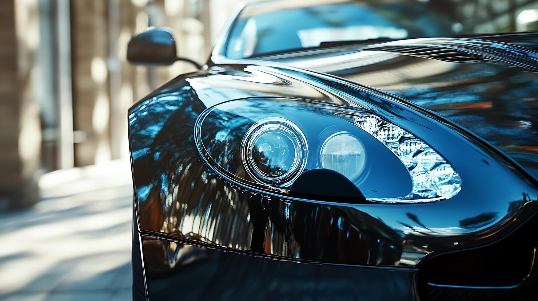 Detailed front view of a high-performance car headlight illuminating the road ahead photo