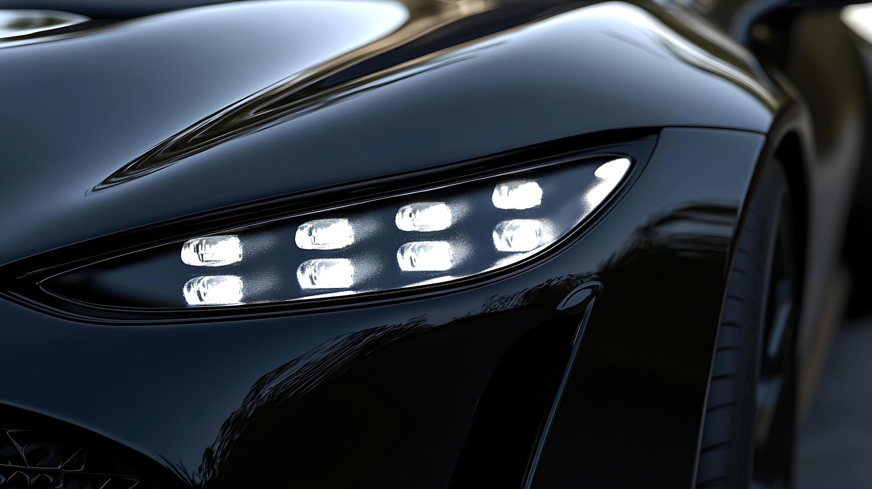 Detailed front view of a high-performance car headlight illuminating the road ahead photo