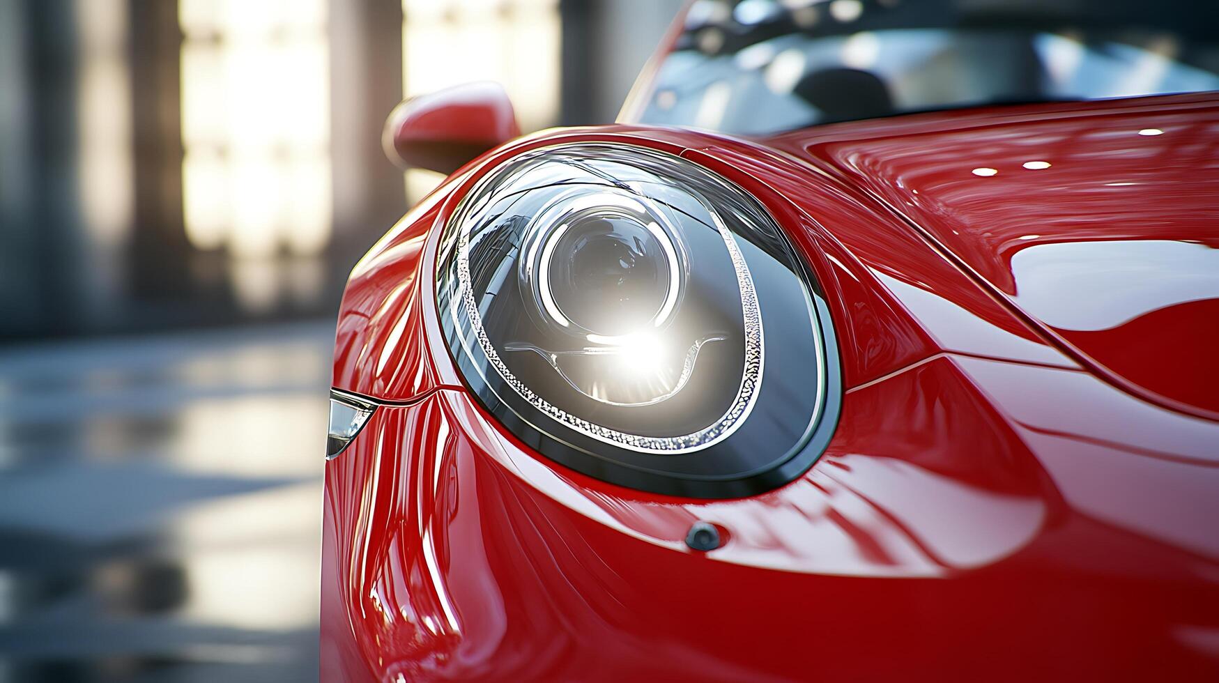 Detailed front view of a high-performance car headlight illuminating the road ahead photo