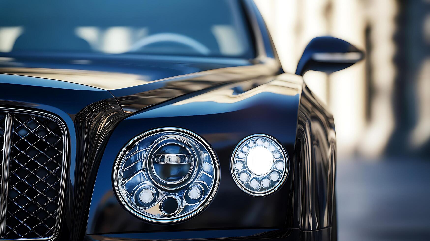 Detailed front view of a high-performance car headlight illuminating the road ahead photo