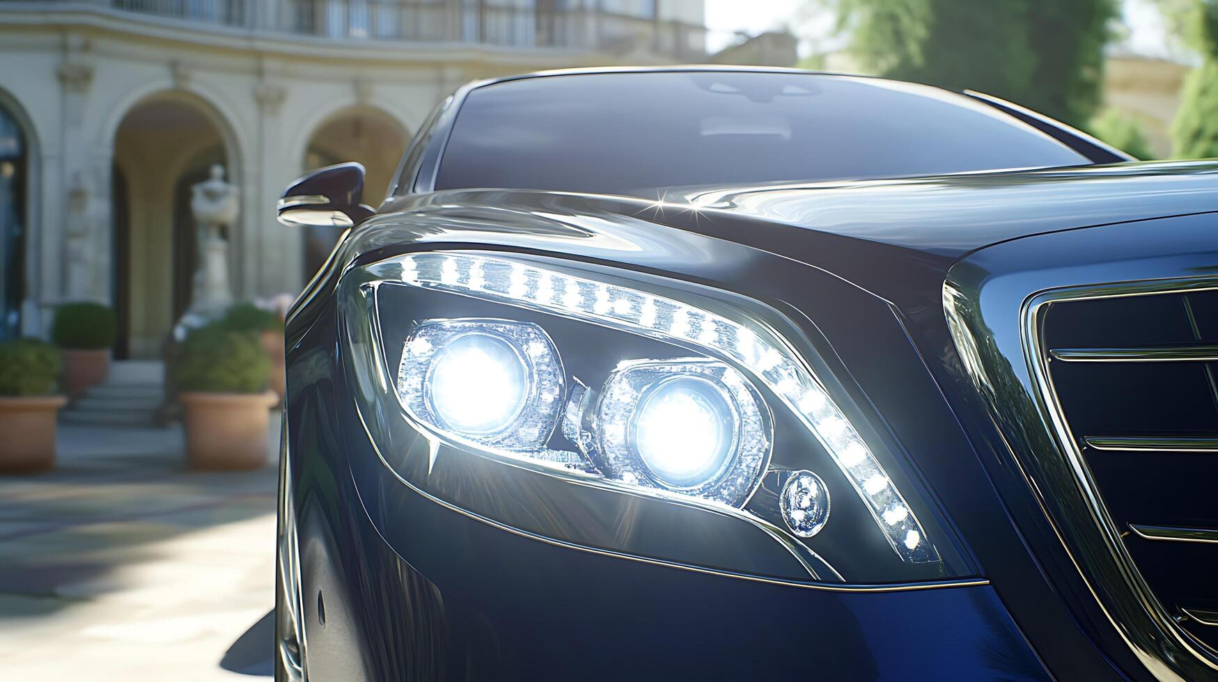 Detailed front view of a high-performance car headlight illuminating the road ahead photo