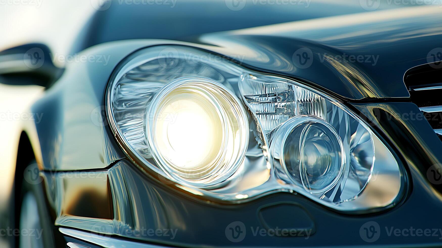Front-facing angle of a car's LED headlight, gleaming with precision and style photo