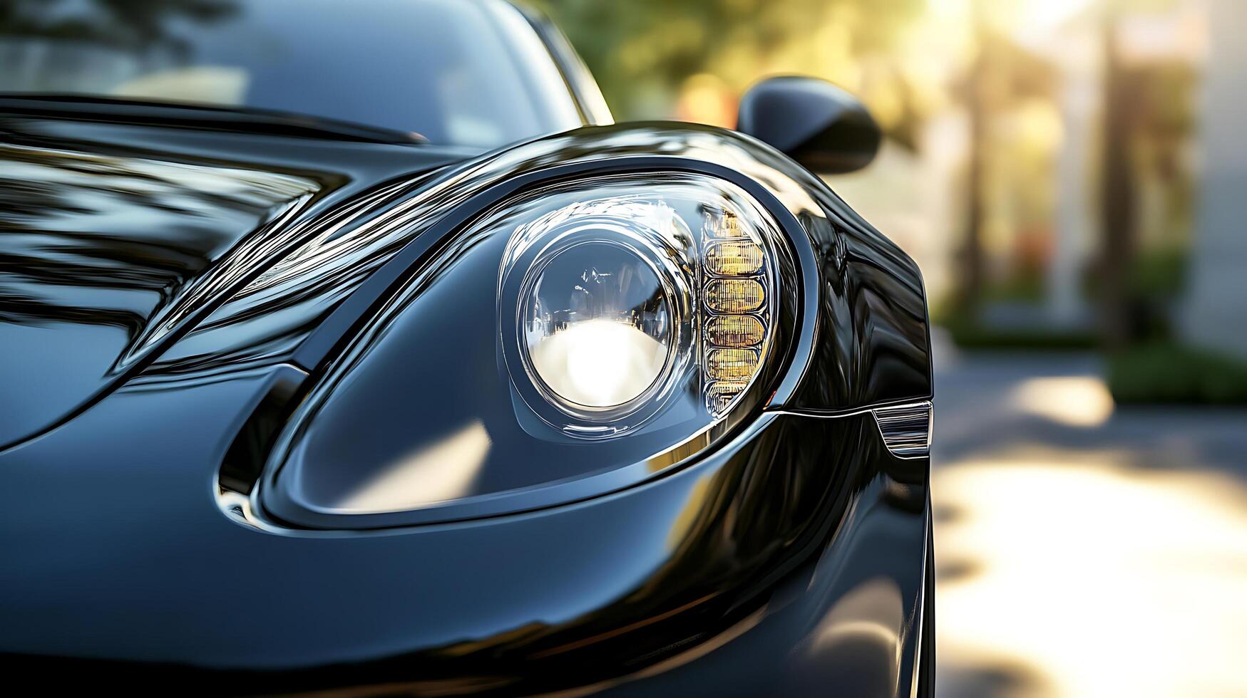 Detailed front view of a high-performance car headlight illuminating the road ahead photo