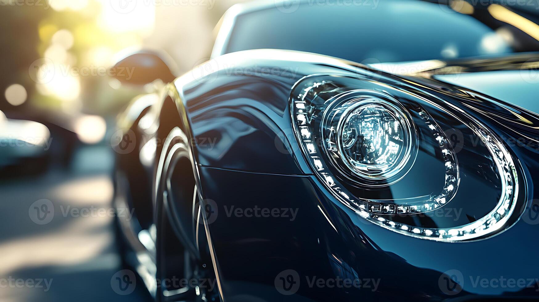Front-facing angle of a car's LED headlight, gleaming with precision and style photo