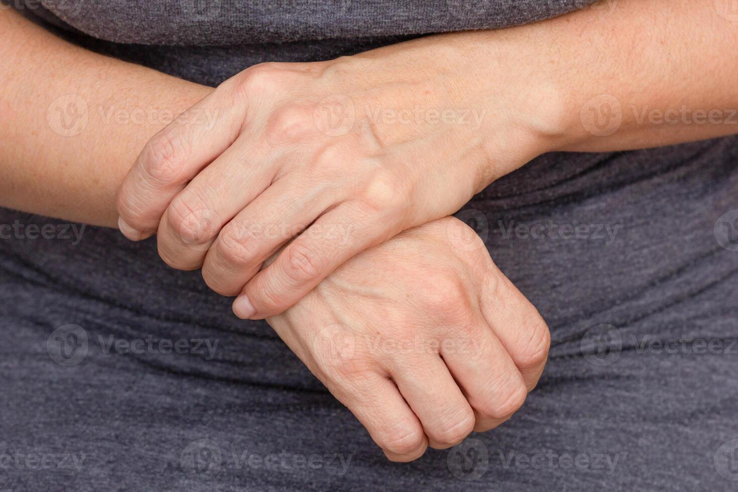 Woman hands showing right wrist pain photo