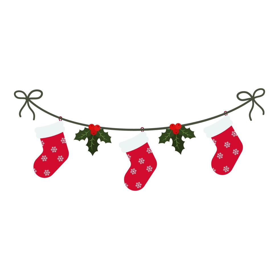 Christmas garlands featuring stockings, bells, trees, and gifts with New Year party lights and flags vector